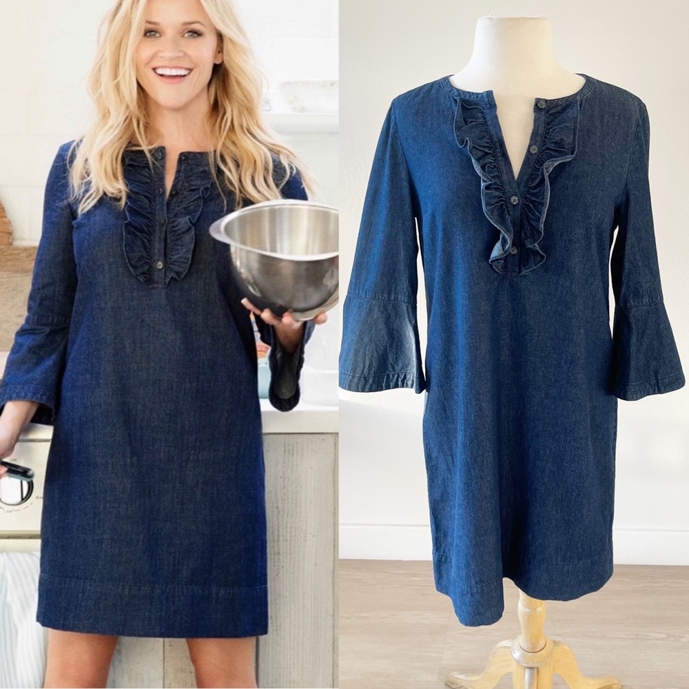 Draper James Dark Wash Chambray Ruffle Shift Dress | 6